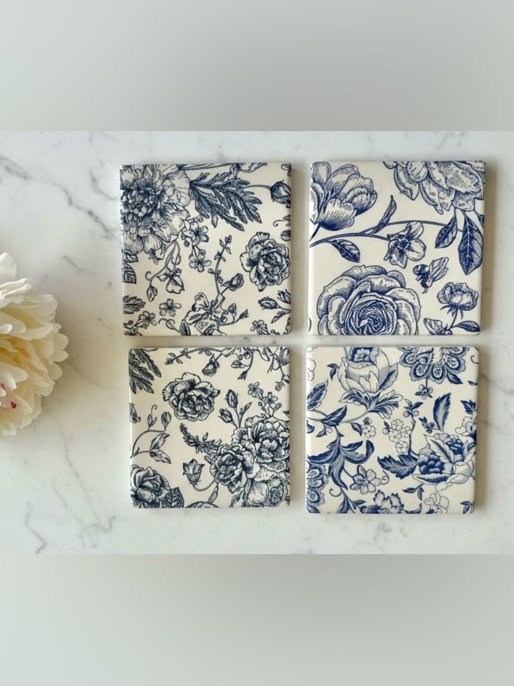 Chinoiserie Floral Ceramic Coasters Set of 4 | Vintage Tile Coasters